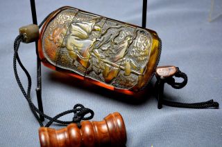 Japanese Carved Amber Carved 4 Compartment Pillbox Medicine Case Inro Toggle