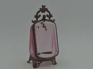 Rare Antique French Rose Pink Bevelled Glass Ormolu Watch Fob Holder Casket