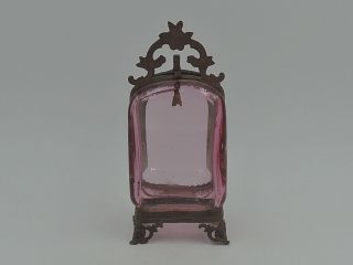 Rare Antique French Rose Pink Bevelled Glass Ormolu Watch Fob Holder Casket 4