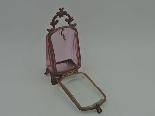 Rare Antique French Rose Pink Bevelled Glass Ormolu Watch Fob Holder Casket 5