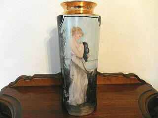 Bavarian Hand Painted Porcelain Lovely Lady Holding Urn Portrait Vase 12 1/2 "