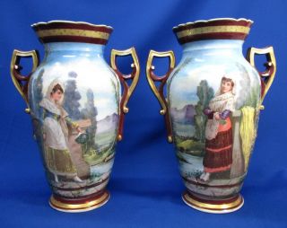Old Paris Vases Ladie In Garden Scenes Hand - Painted W/ Mauve & Gold Trim