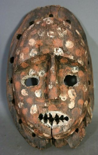 Antique Small African Mask Old Sharp Teeth Polychrome Wood Carved Tribal Statue