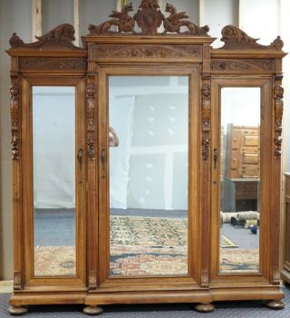 Antique Italian Wardrobe Armoire - Rare Carved Wood Lions,  Heads,