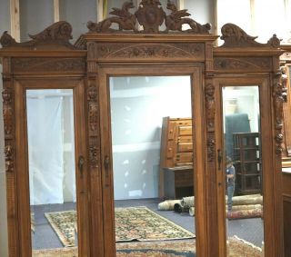Antique ITALIAN WARDROBE ARMOIRE - RARE CARVED WOOD lions,  heads, 2