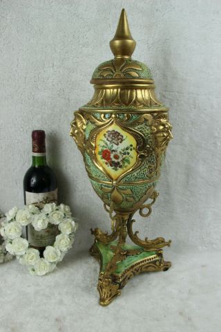 Italian Capodimonte Faience Brass Empire Dolphins Satyr Heads Floral Vase Rare