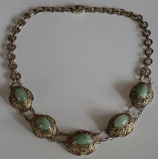 ANTIQUE CHINESE GOLD WASHED STERLING SILVER GREEN JADE NECKLACE 10