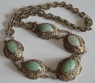 ANTIQUE CHINESE GOLD WASHED STERLING SILVER GREEN JADE NECKLACE 11