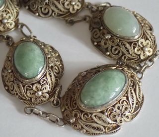 ANTIQUE CHINESE GOLD WASHED STERLING SILVER GREEN JADE NECKLACE 12