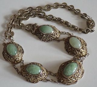 ANTIQUE CHINESE GOLD WASHED STERLING SILVER GREEN JADE NECKLACE 2
