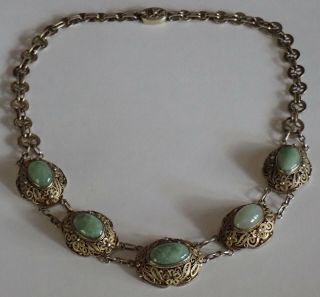 ANTIQUE CHINESE GOLD WASHED STERLING SILVER GREEN JADE NECKLACE 3