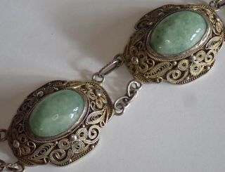 ANTIQUE CHINESE GOLD WASHED STERLING SILVER GREEN JADE NECKLACE 4