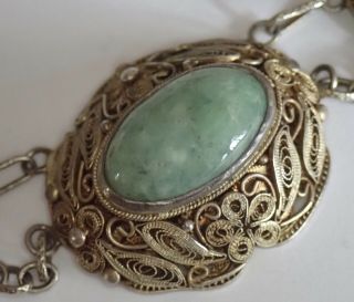 ANTIQUE CHINESE GOLD WASHED STERLING SILVER GREEN JADE NECKLACE 5