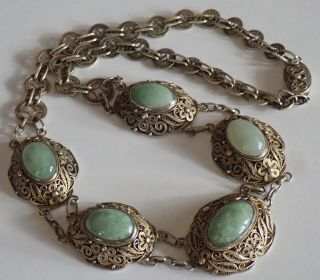 ANTIQUE CHINESE GOLD WASHED STERLING SILVER GREEN JADE NECKLACE 7