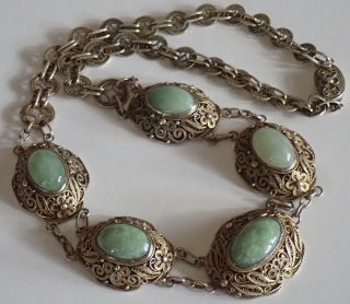 ANTIQUE CHINESE GOLD WASHED STERLING SILVER GREEN JADE NECKLACE 9