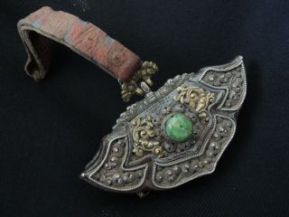 INTRIGUING ANTIQUE 19th CenturyLEATHER PURSE WITH GREEN JADE BEAD from TIBET 2
