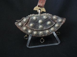 INTRIGUING ANTIQUE 19th CenturyLEATHER PURSE WITH GREEN JADE BEAD from TIBET 3
