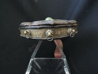 INTRIGUING ANTIQUE 19th CenturyLEATHER PURSE WITH GREEN JADE BEAD from TIBET 5