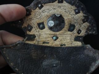INTRIGUING ANTIQUE 19th CenturyLEATHER PURSE WITH GREEN JADE BEAD from TIBET 7