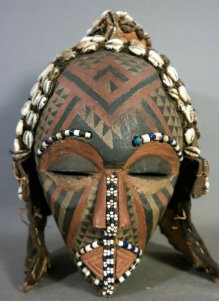 Lg Vintage African Mask Old Puka Shell & Beads Kuba Tribe Wood Carved Statue