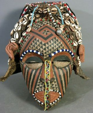 Vintage Kuba Tribe Puka Shell & Beads Queen Mask Old African Wood Carved Tribal