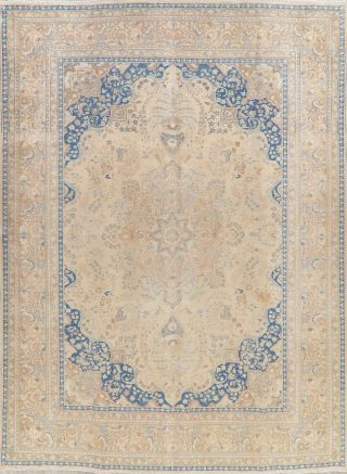 Vintage MUTED Area Rug Beige Blue Distressed Oriental Wool Carpet Handmade 10x13 2