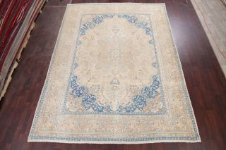 Vintage MUTED Area Rug Beige Blue Distressed Oriental Wool Carpet Handmade 10x13 3