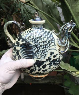 Antique Chinese Ming Blue & White Large Porcelain Teapot Phoenix Motif