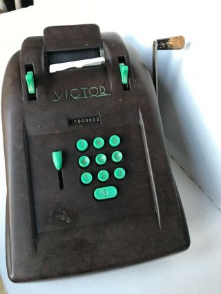 Vtg Victor Brown Bakelite Adding Machine - - Green Bakelite Buttons & Name