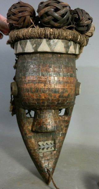 Vintage African Mask Old Hammered Copper Wood Carved Tribal Art Wall Statue