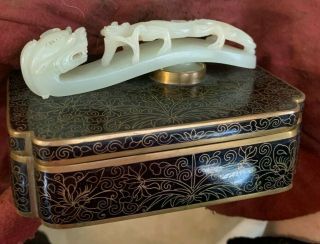 Antique Cloisonne Box With Fine Jade Belt Buckle Handle.  4,  5 "