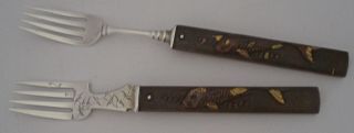 Gorham Aesthetic Parcel Gilt Copper & Sterling Mixed Metals Forks Koi C.  1885