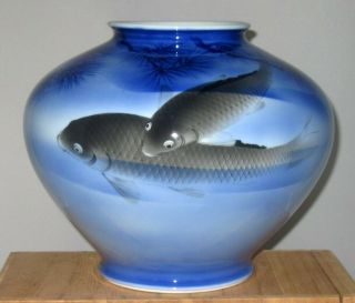 Fine Large Vintage Fukagawa Signed Japanese Porcelain Vase W/ Two Koi Fish