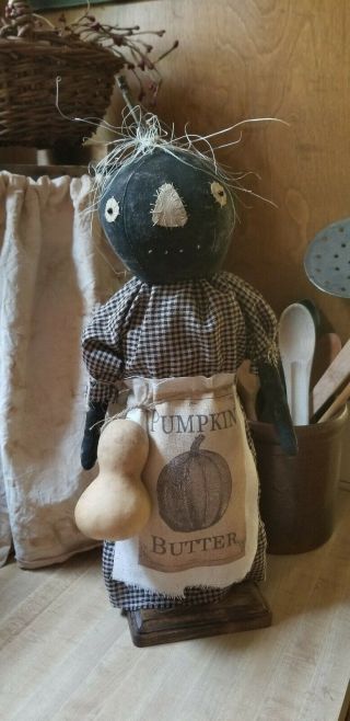 Primitive Pumpkin Doll On Wood Base With Gourd