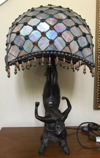 Bronze Woman Art Nouveau Leaded Stained Glass Shade Beaded Lamp