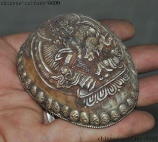 Old Tibet buddhism silver Skull head Yellow Jambhala Bowl Kapala Skull Cup 7