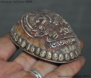 Old Tibet buddhism silver Skull head Yellow Jambhala Bowl Kapala Skull Cup 9