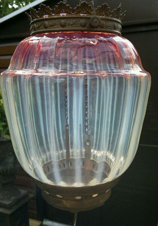 Victorian Cranberry Opaline Glass Candy Stripe Hanging Hall Light Lamp Lantern