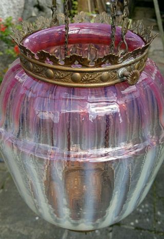 Victorian Cranberry Opaline Glass Candy Stripe Hanging Hall Light Lamp Lantern 2