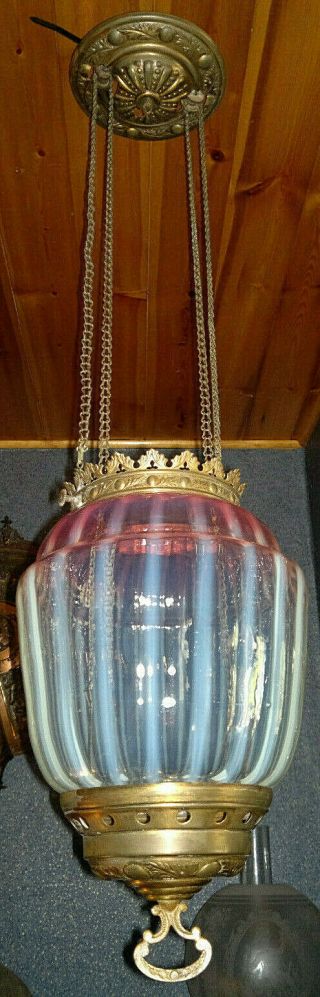 Victorian Cranberry Opaline Glass Candy Stripe Hanging Hall Light Lamp Lantern 3