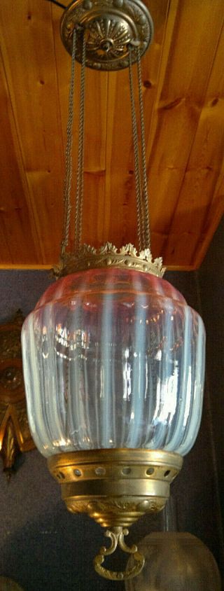 Victorian Cranberry Opaline Glass Candy Stripe Hanging Hall Light Lamp Lantern 4