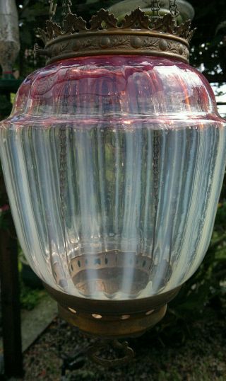 Victorian Cranberry Opaline Glass Candy Stripe Hanging Hall Light Lamp Lantern 7