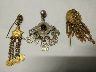 Antique 3 Ottoman Greek Silver Fire Gilded Pins Headdress Ornaments