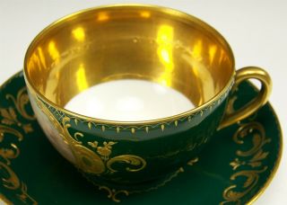 ROYAL VIENNA HAND PAINTED CUPID MAIDEN GREEN RAISED GOLD TEA CUP & SAUCER 11