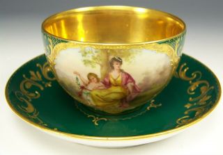 Royal Vienna Hand Painted Cupid Maiden Green Raised Gold Tea Cup & Saucer