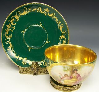 ROYAL VIENNA HAND PAINTED CUPID MAIDEN GREEN RAISED GOLD TEA CUP & SAUCER 2