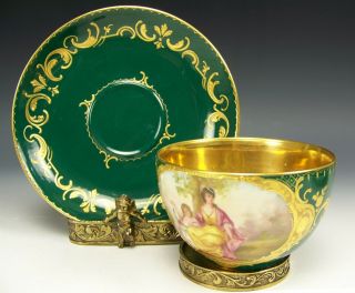 ROYAL VIENNA HAND PAINTED CUPID MAIDEN GREEN RAISED GOLD TEA CUP & SAUCER 3