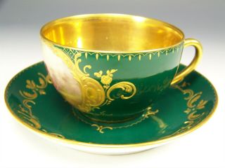 ROYAL VIENNA HAND PAINTED CUPID MAIDEN GREEN RAISED GOLD TEA CUP & SAUCER 4