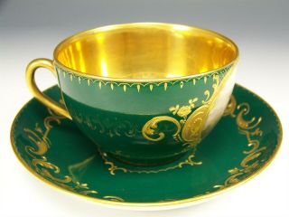 ROYAL VIENNA HAND PAINTED CUPID MAIDEN GREEN RAISED GOLD TEA CUP & SAUCER 6