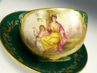ROYAL VIENNA HAND PAINTED CUPID MAIDEN GREEN RAISED GOLD TEA CUP & SAUCER 8